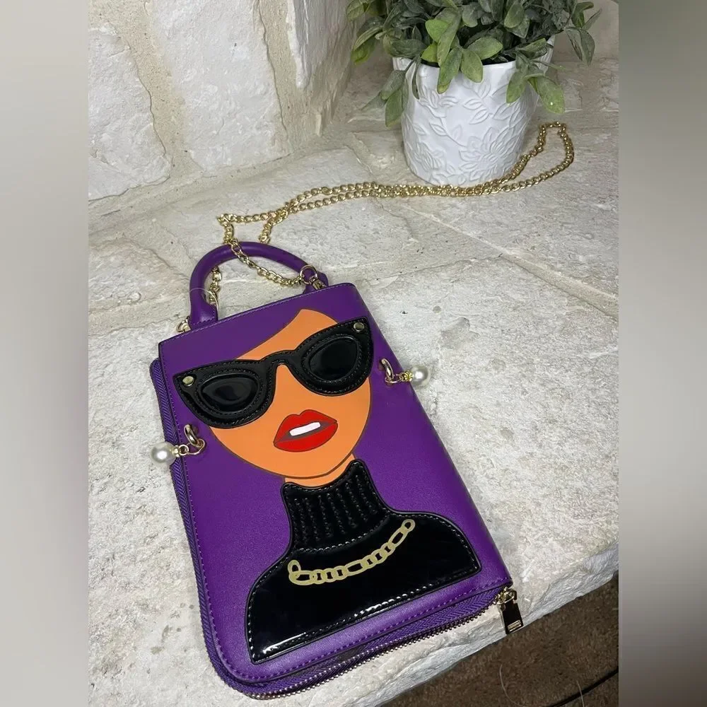 Novelty Lady Face Shoulder Bag faux Leather Messenger Travel Handbag (Purple)